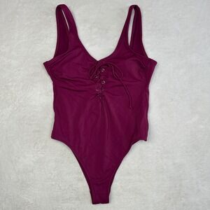 California Waves Women's Magenta Ribbed Lace Up Front One Piece Swimsuit Purple
